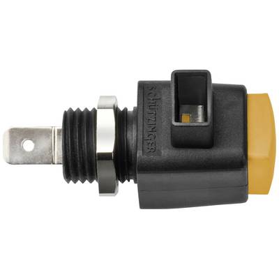 A black, rectangular plug with a yellow cap and metal contact. Engraved with 'Schutzinger'. Electronic component.