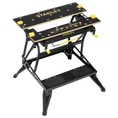 Black workbench with yellow 'STANLEY' logo, adjustable chipboard and yellow handles. Suitable for home and workshop tasks.