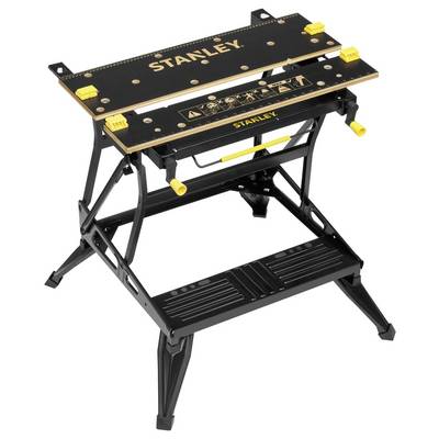 A black Stanley workbench made of metal and wood with yellow components, offering a sturdy base. Perfect for DIY projects.