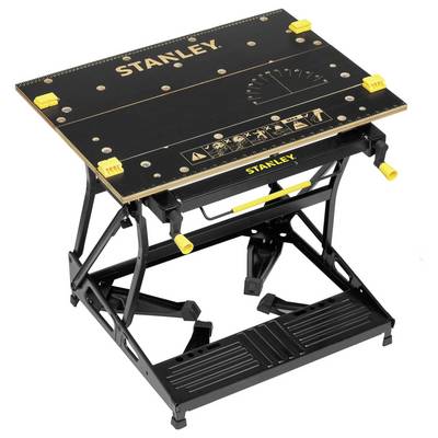 Black Stanley workbench with adjustable work surface and yellow clamps. Robust construction, ideal for DIY and craftwork.