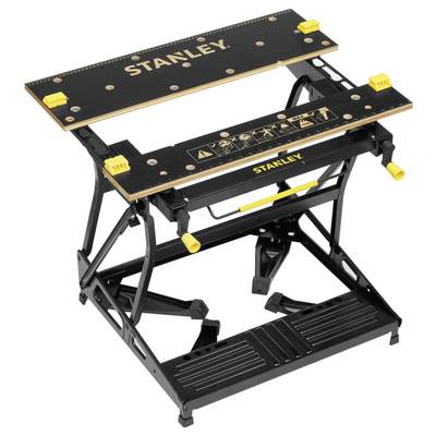 Foldable workbench by Stanley with a black work surface and yellow logo. Suitable for various woodworking and construction tasks.