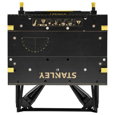 'Stanley Work Bench', foldable, black with yellow accents, various markings and symbols visible on the top.