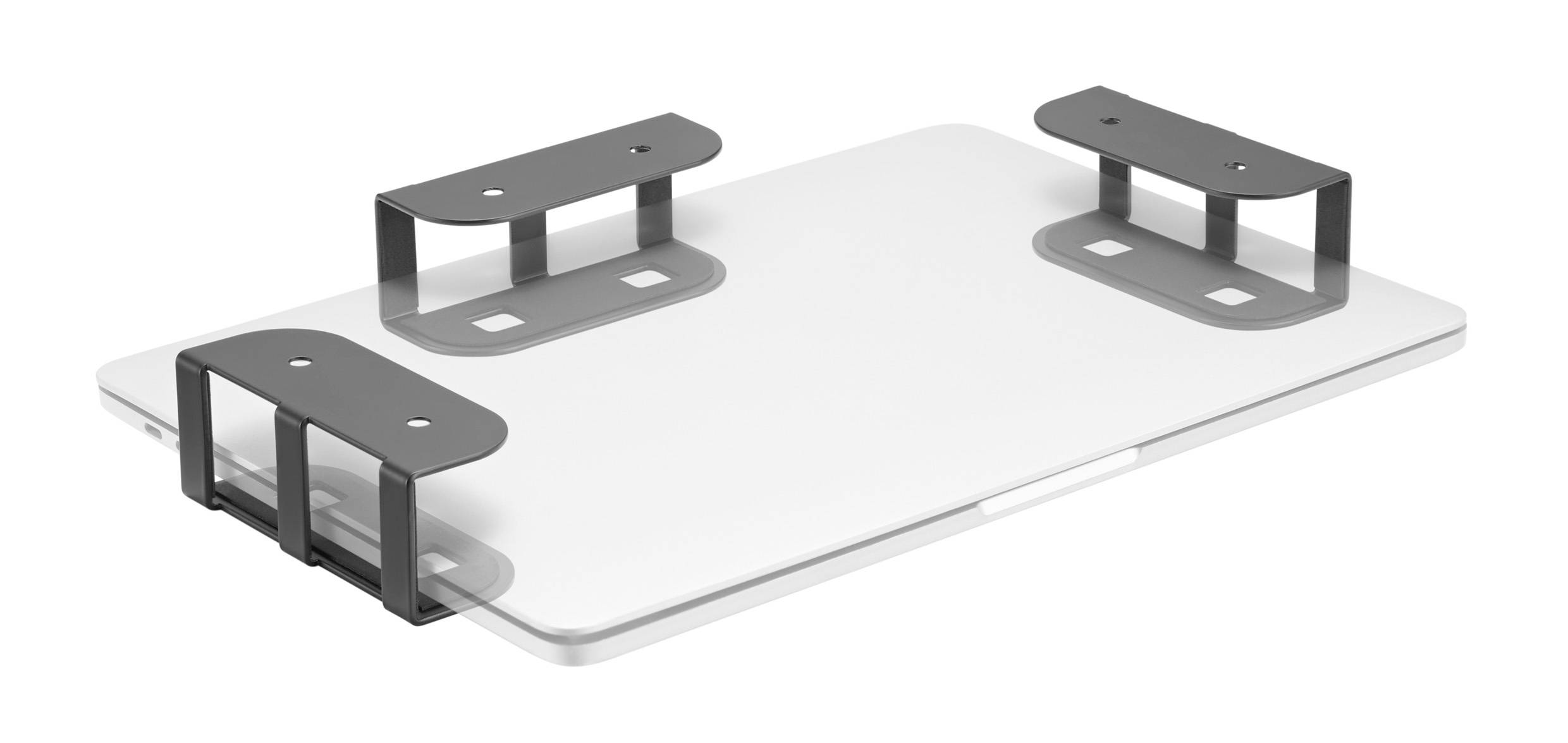 A transparent laptop stand with four black metal legs, providing stability and ventilation for the laptop.