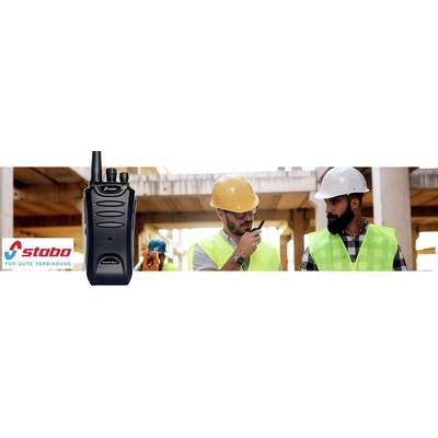 'Two construction workers wearing high-visibility vests and hard hats are communicating via a two-way radio. A separate two-way radio is also pictured.'