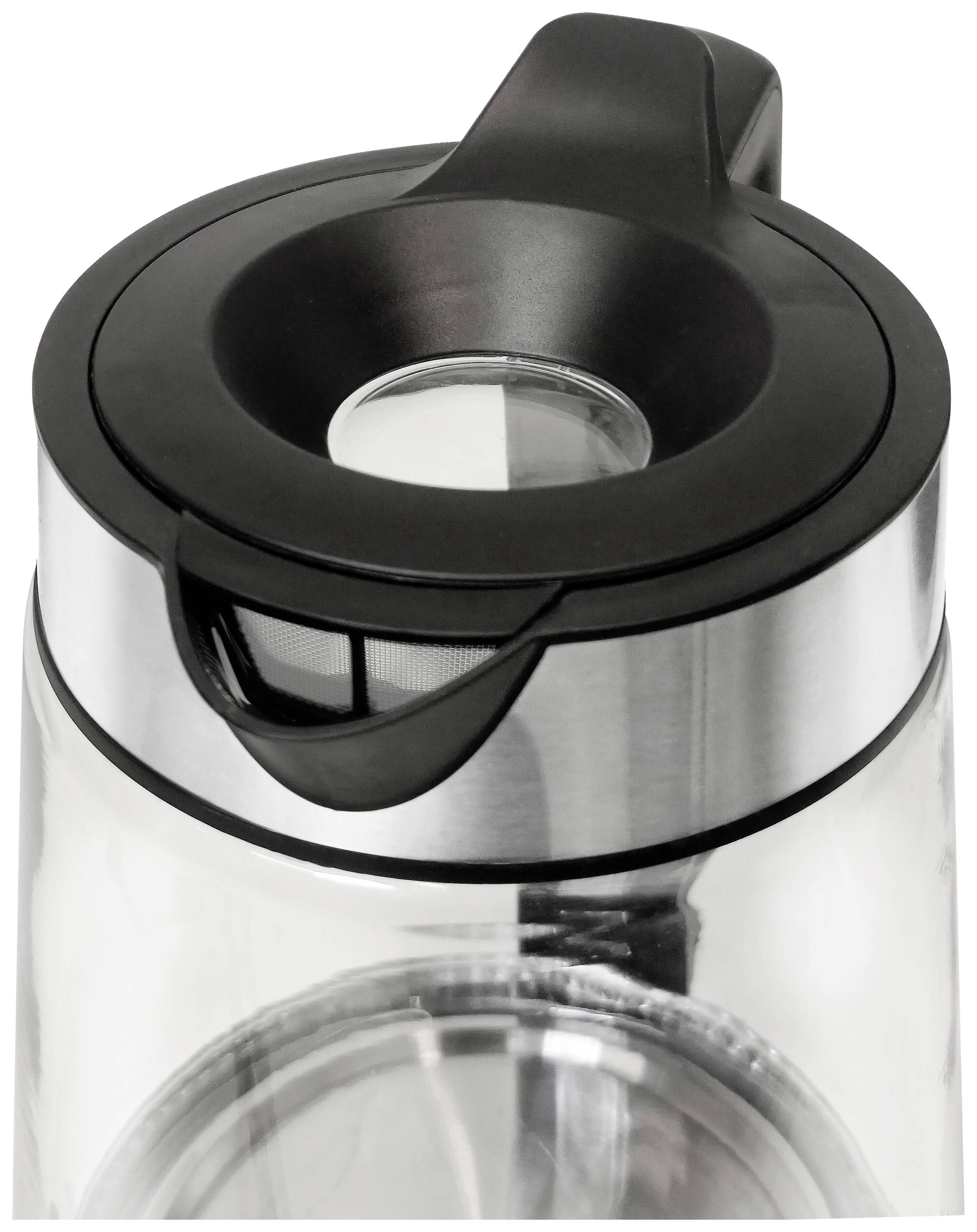 Glass teapot with stainless steel lid and integrated strainer.