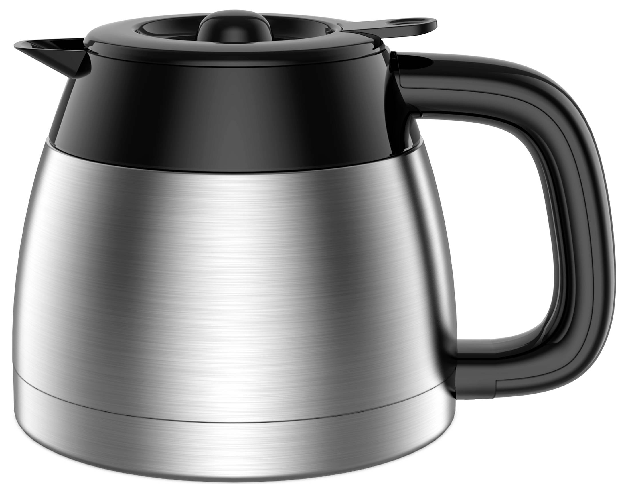 'Stainless steel coffee carafe with a black lid and handle, designed for thermal insulation.'