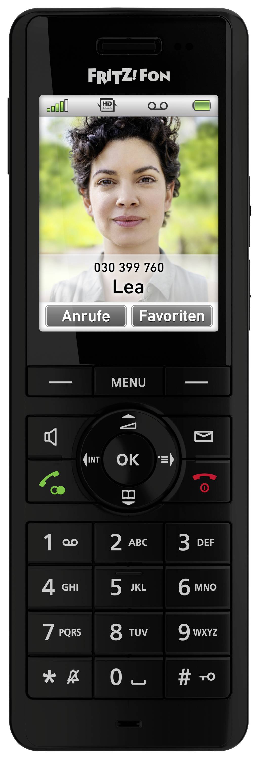 A cordless telephone with a colour display shows a photo of a person 'Lea' and the number '030 399 760'. Options for 'Calls' and 'Favourites' are visible.