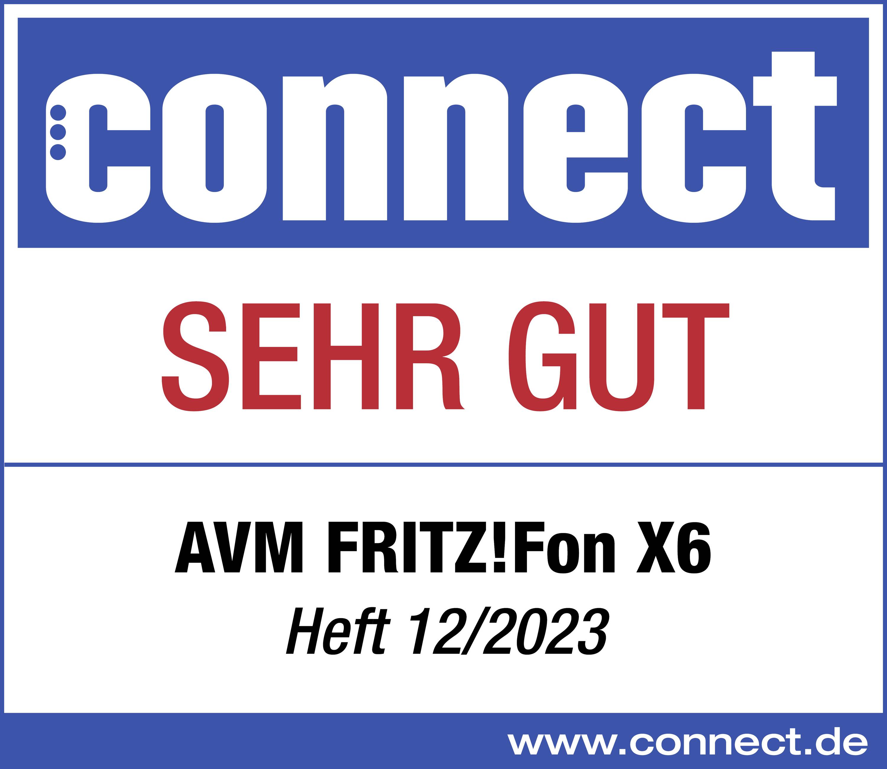 'Connect' logo with 'VERY GOOD' rating for AVM FRITZ!Fon X6, Issue 12/2023, Website www.connect.de.