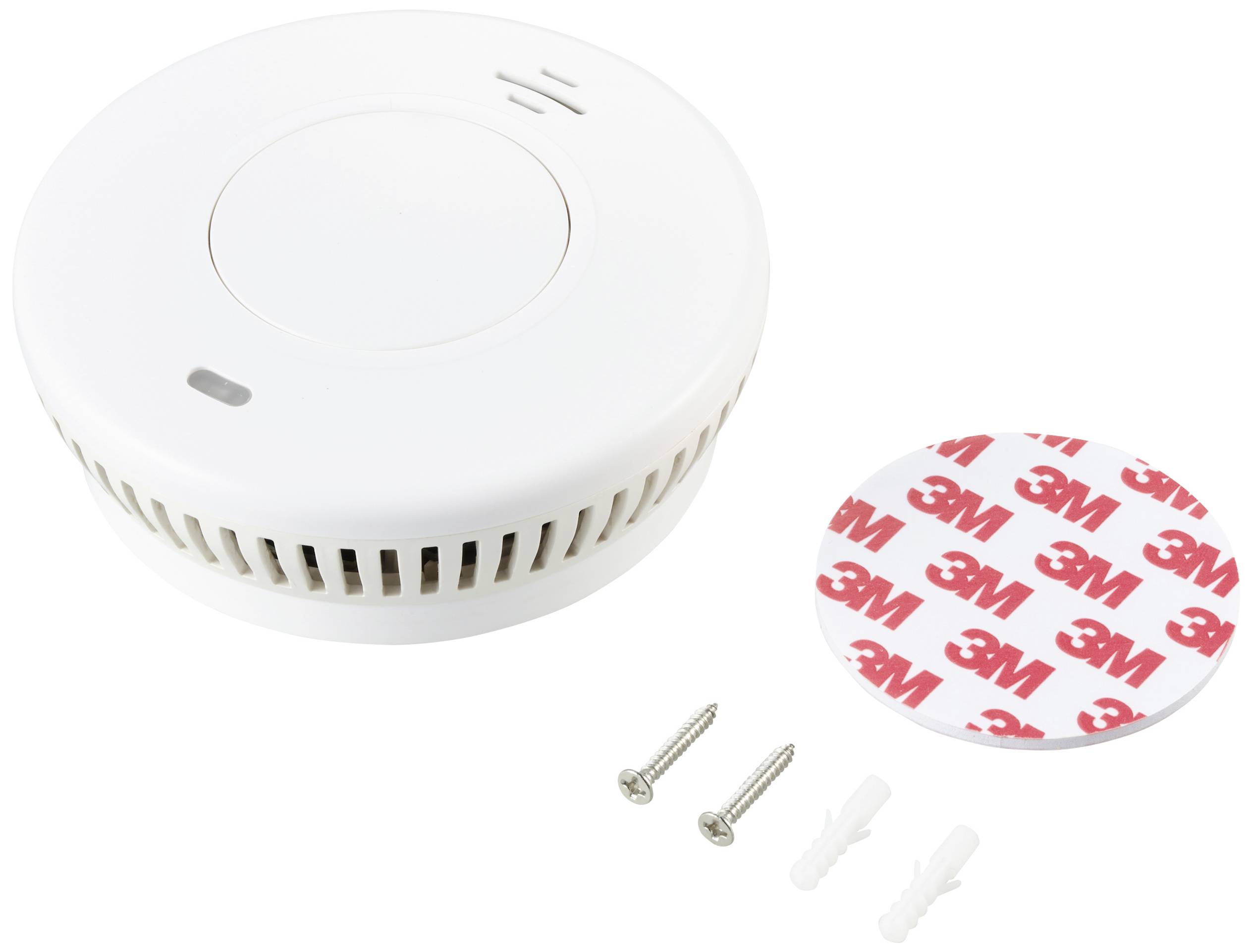 Smoke detector set with two screws, two wall plugs, and a self-adhesive 3M pad for easy ceiling mounting.