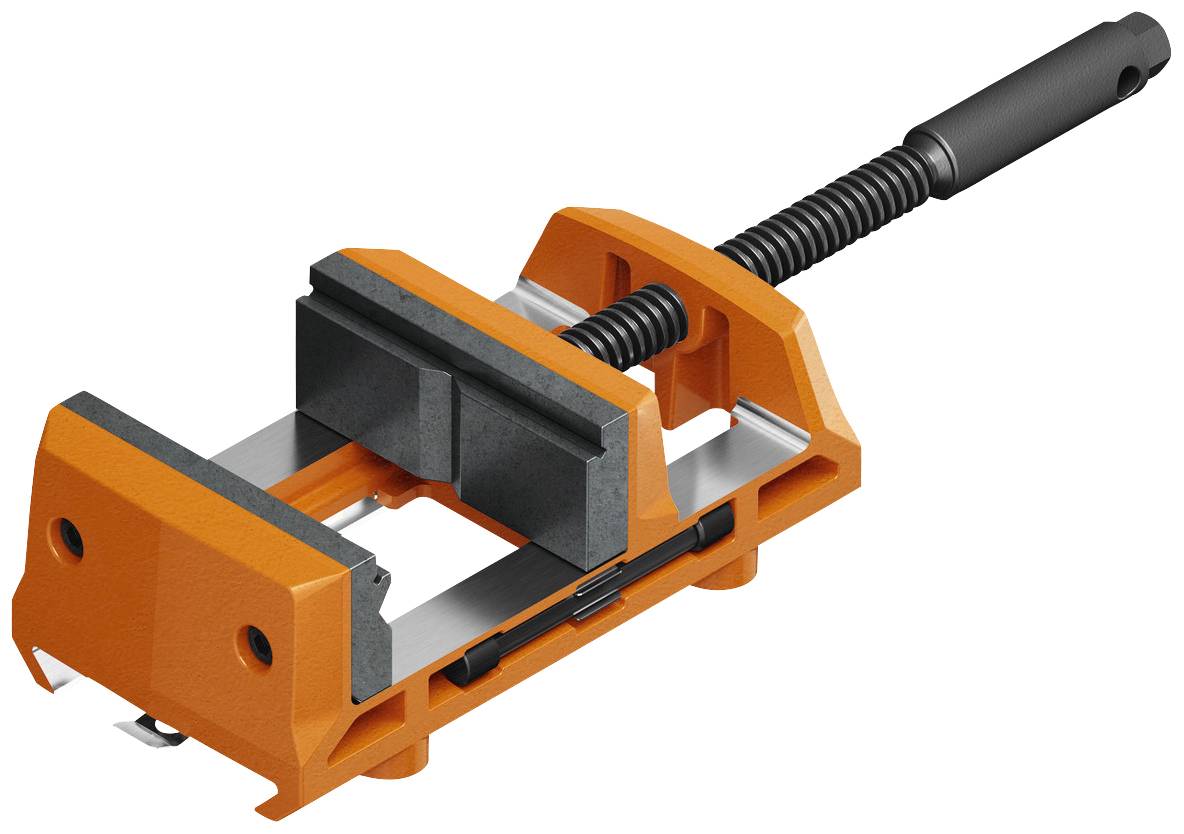 An orange vice gripping metal parts. It has a handle and screw mechanism for precise working.