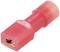 A red cable lug that serves for electrical connection. Rectangular body with metallic internal structure.