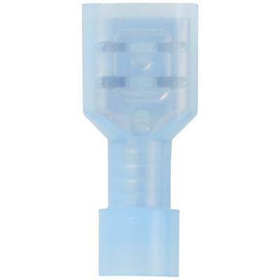 A blue-translucent electrical connector, insulated, cylindrical, with a wider opening at the top and a narrower end at the bottom.