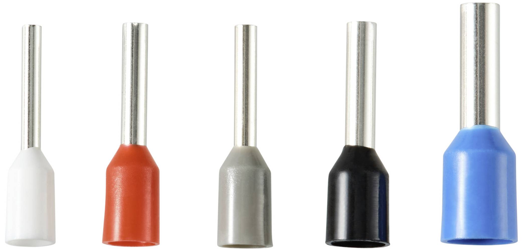 Five isolated cable end sleeves in various colours (white, red, grey, black, blue) in a row, for use in electrical installations.