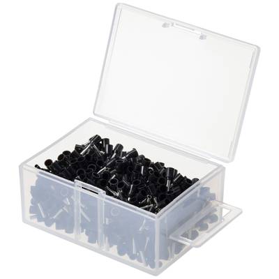 Transparent plastic box with an open lid, filled with numerous small, black plastic components.