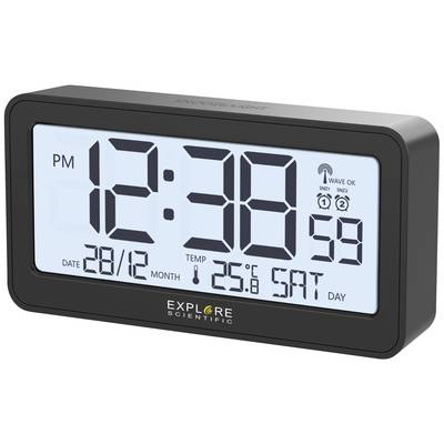 A digital clock shows 12:38 and the temperature 25.8°C. Date: 28/12; Day of the week: Saturday. At the top it reads 'EXPLORE SCIENTIFIC'.