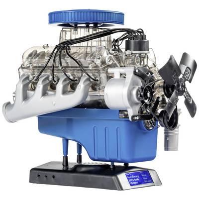A blue model engine with transparent parts reveals the internal mechanics. Fans, spark plugs, and cables are clearly visible.