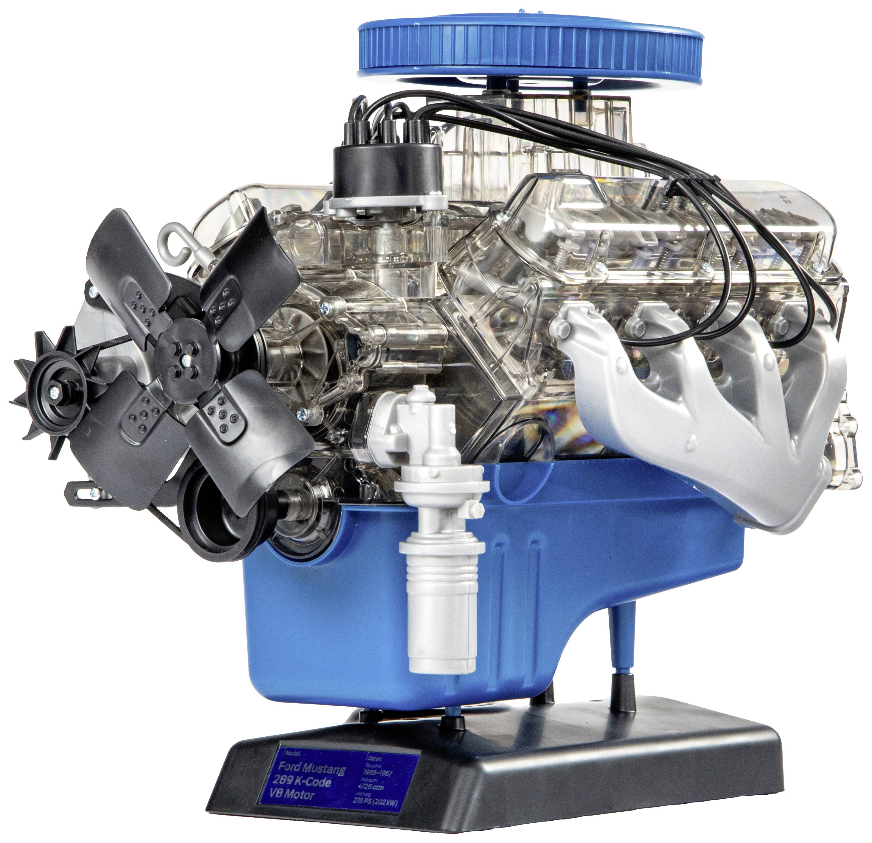 A detailed model of a V8 car engine, coloured blue and black, displays various engine components such as fans and spark plugs.