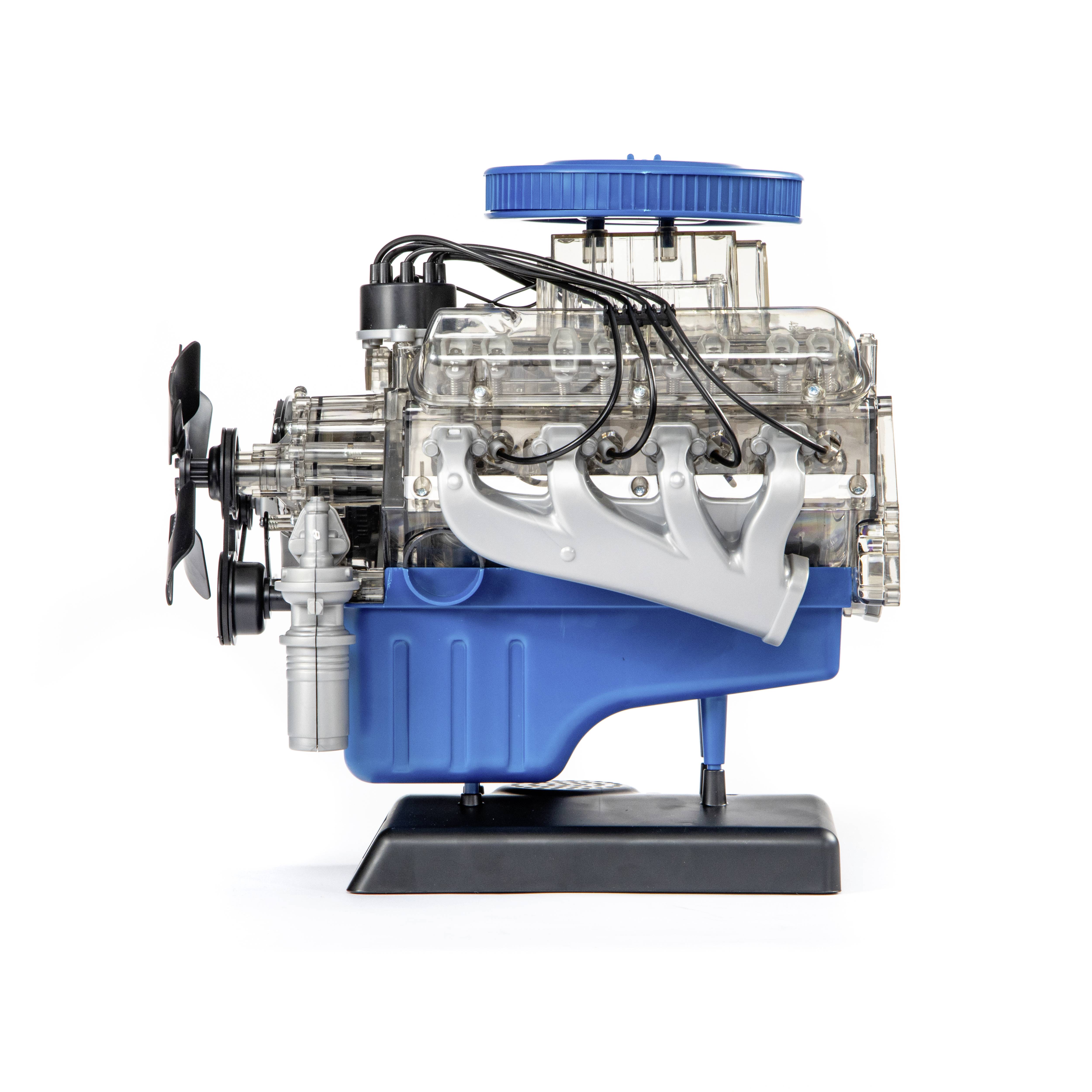 A transparent model engine mounted on a stand reveals its internal mechanisms, including cylinders and valves, with blue accents.