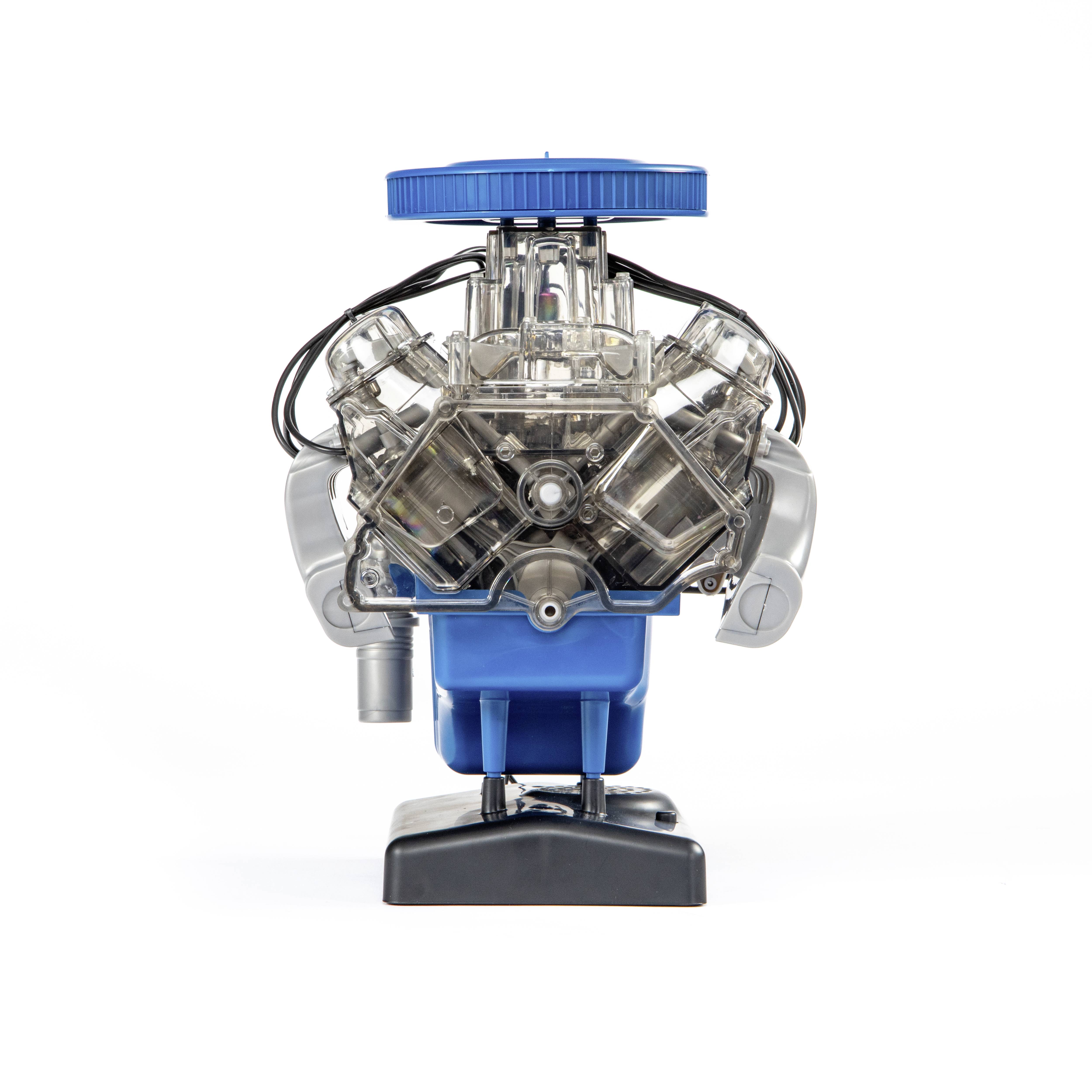 A transparent V8 engine model kit reveals the internal mechanical components and construction of an internal combustion engine.