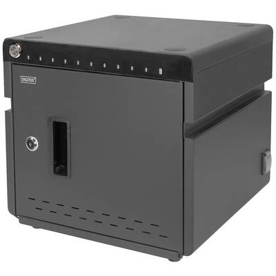A black, lockable wall-mounted cabinet for electronic devices with ventilation slots and 'DIGITUS' brand printing.