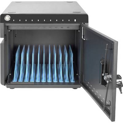 An open charging cabinet with blue interior lighting, displaying multiple compartments for storing and simultaneously charging devices.