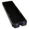 Black radiator for PC cooling with two connections at the bottom. Suitable for use in water cooling systems.
