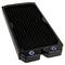 Black computer cooler with blue connection openings, suitable for water cooling systems, rectangular shape with ribbed cooling surfaces.