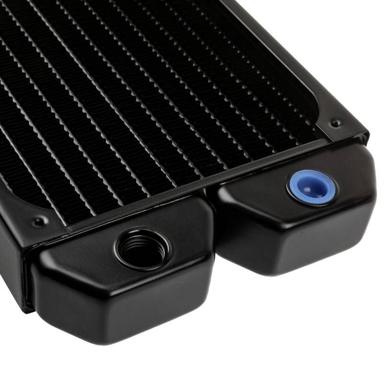 A black, rectangular heatsink with two connections, one with a blue ring, on a white background.