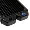 A black, rectangular heatsink with two connections, one with a blue ring, on a white background.