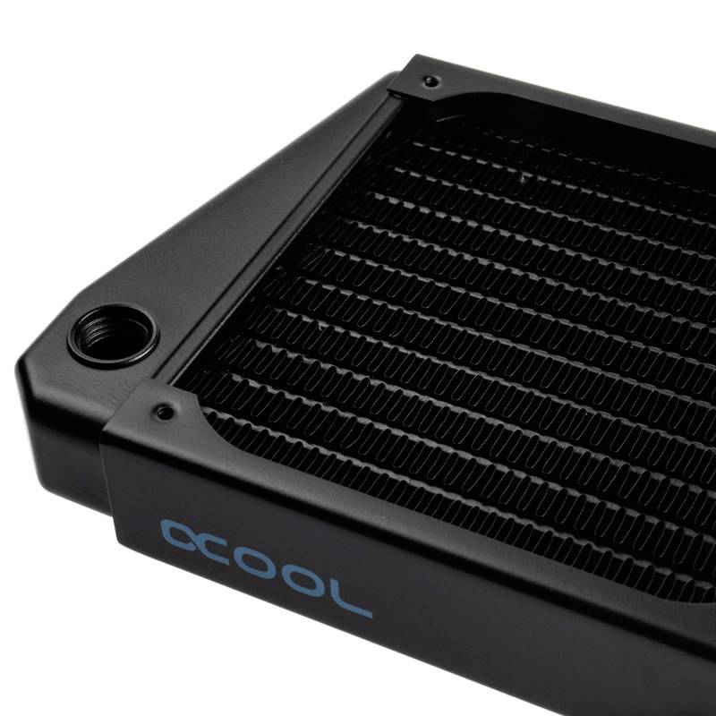 A black radiator for PC cooling, rectangular, with blue letters 'OCOOL' on the side. Suitable for water or air cooling systems.
