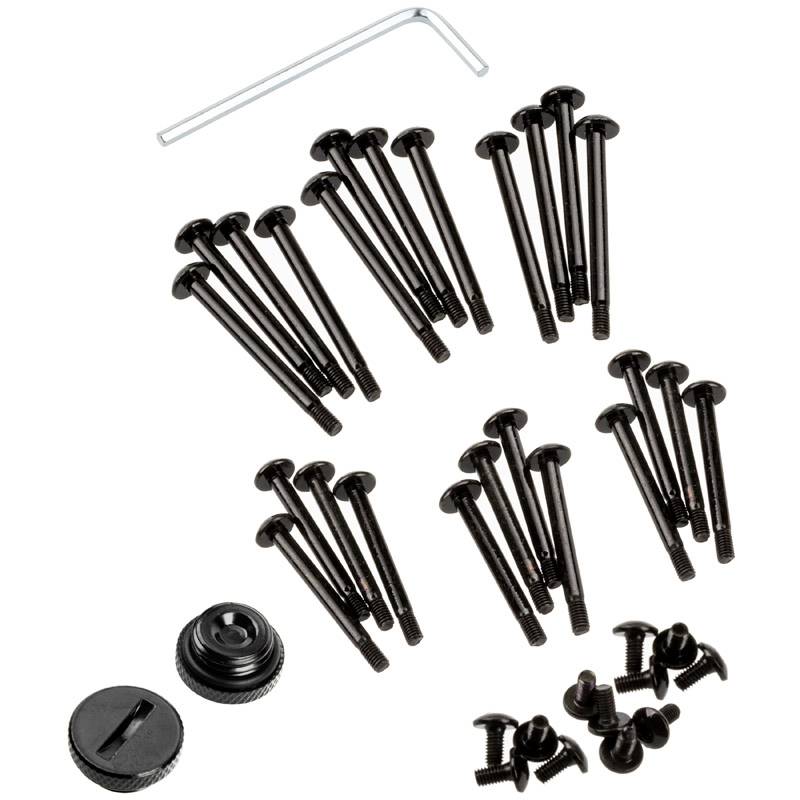 A set of black screws in various sizes, an Allen key, and two knurled nuts, spread out on a white background.