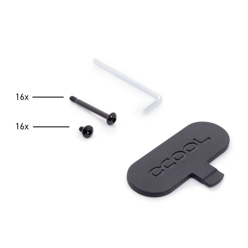 A set of screws, nuts, Allen keys and cover from 'Alphacool'; sixteen screws and nuts, black plastic lid.