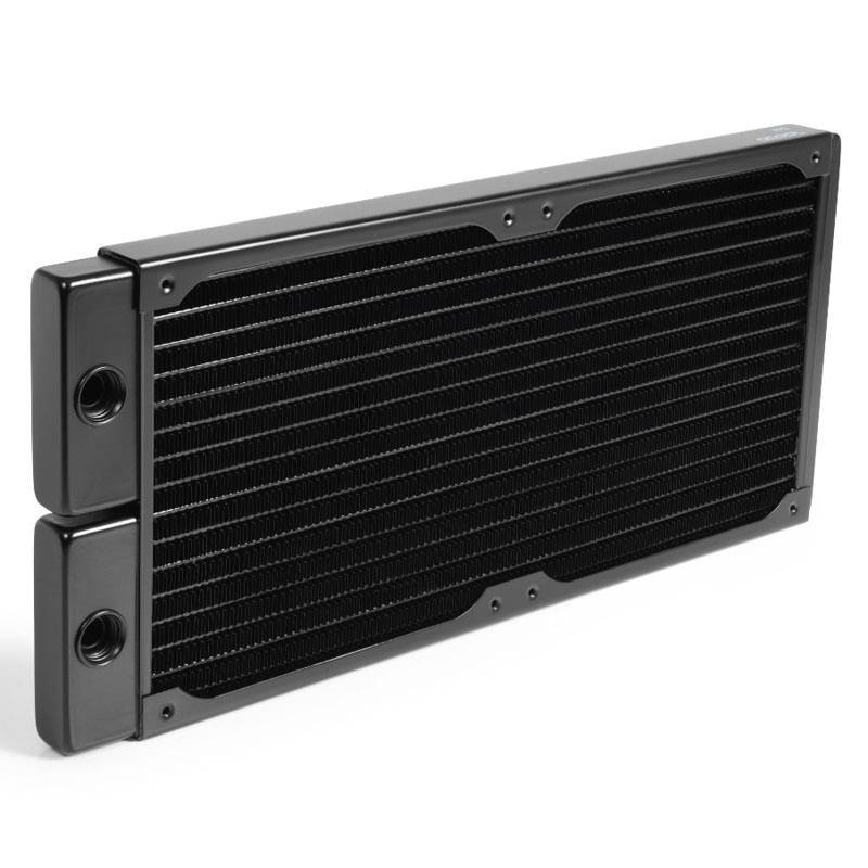 Black radiator for computer water cooling with visible fins and side connections.