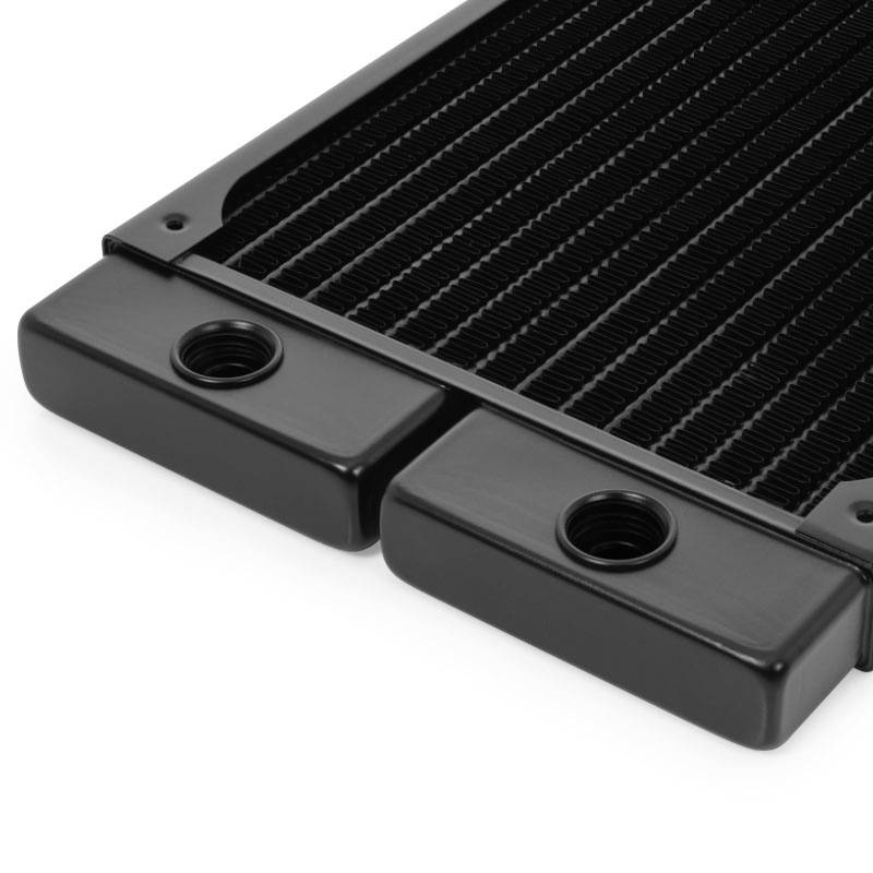 A black, rectangular heat exchanger with multiple parallel-running fins.