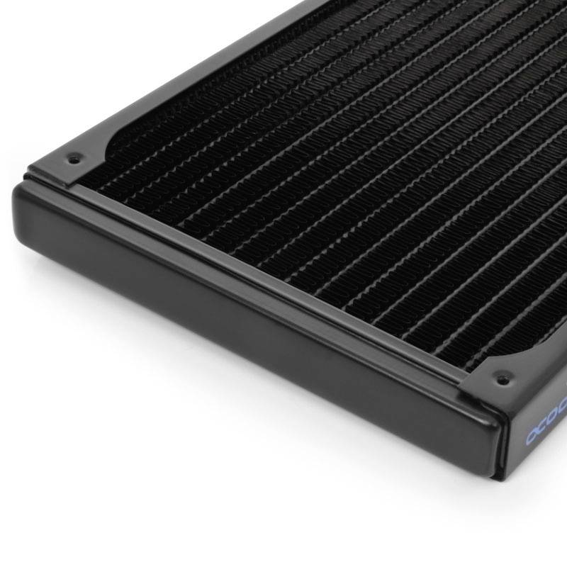 A black aluminium heat sink with narrow fins, used for heat dissipation in electronic devices.