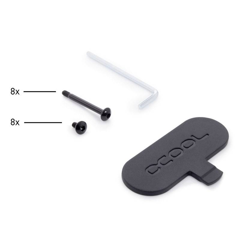 Screw Set with 8 long screws, 8 short screws, Allen key and black cover with brand logo for computer case.