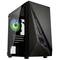 A black PC case with a transparent side panel shows an illuminated fan with green LED lighting.