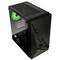 A black PC case with green LED lights. Visible power supply and fans. Modern design with a transparent side panel.