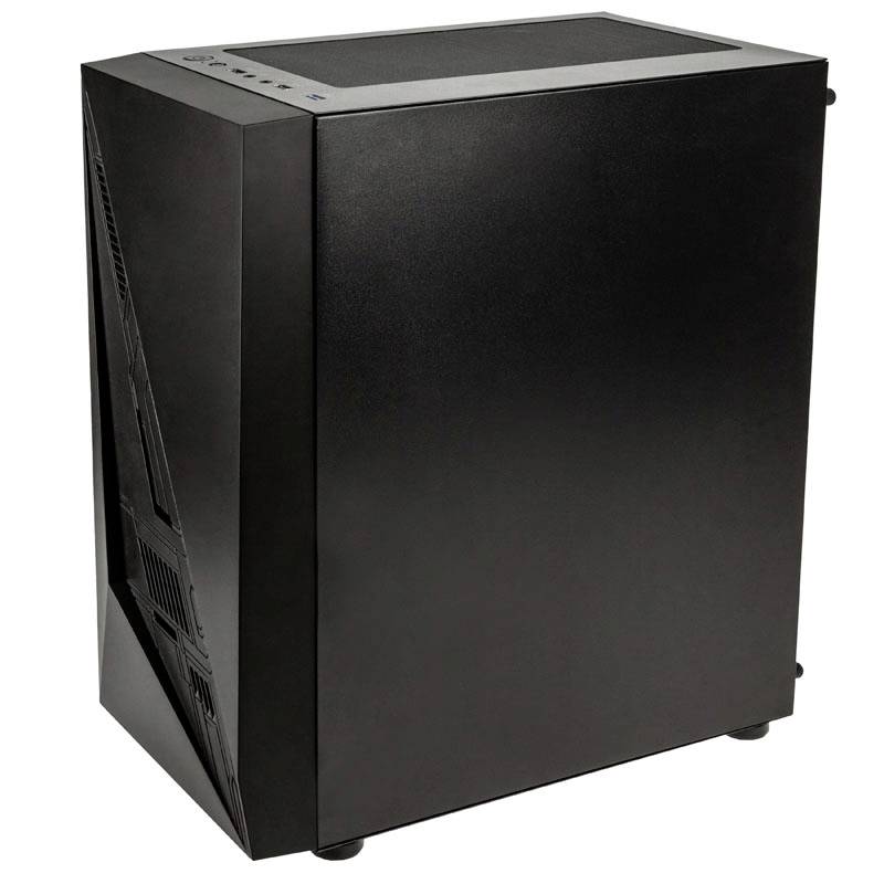 Black computer case with minimalist design and side ventilation grille, on a white background.