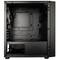 Black PC case with an open, empty interior. Back panel shows ventilation openings, cable management options, and network ports at the bottom.