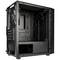 Black PC case without components; side view reveals interior with fan, space for motherboard and cable management. Ideal for custom modifications.