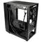 An open computer case without components, with visible cable routing points and fan openings on the rear panel.