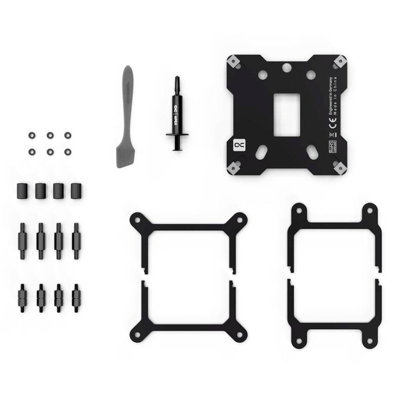 Mounting kit with multiple metal and plastic components, including screws, spacers, and mounting brackets. Also includes a syringe of thermal paste and a small Allen key.