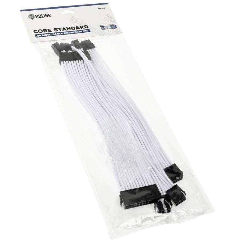 'KOLINK Core Standard' cable extension set in white packaging, showing several white cables with black connectors.