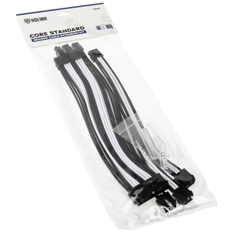Packaged set of black and white cable extensions by Kolink, suitable for PC components.