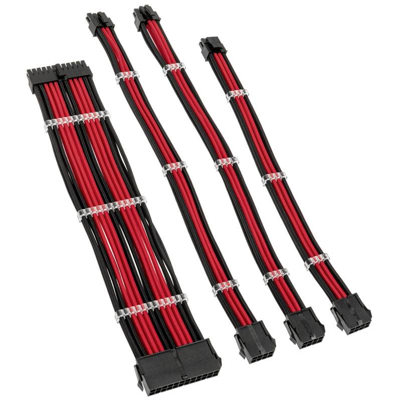 Four black and red PC cables with plastic connectors, arranged side by side at varying lengths.