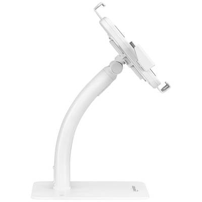 A white, adjustable tablet stand viewed from the side, featuring a curved arm and a mounting bracket suitable for various tablet sizes.