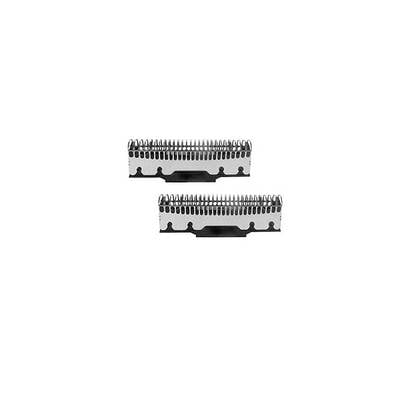 Two silver blades for a hair trimmer, arranged one above the other, show serrated edges and gleaming metal surfaces.