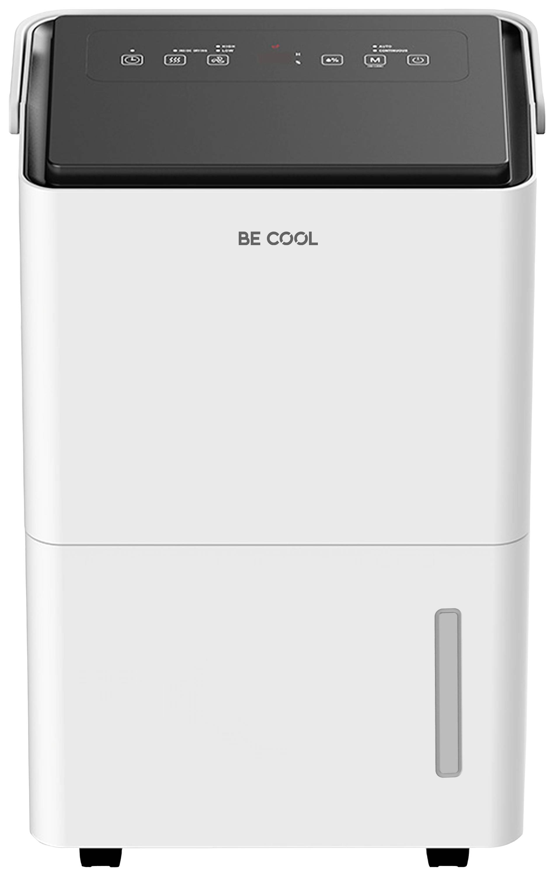 A white dehumidifier with 'Be Cool' printed on the front; control buttons are located at the top.