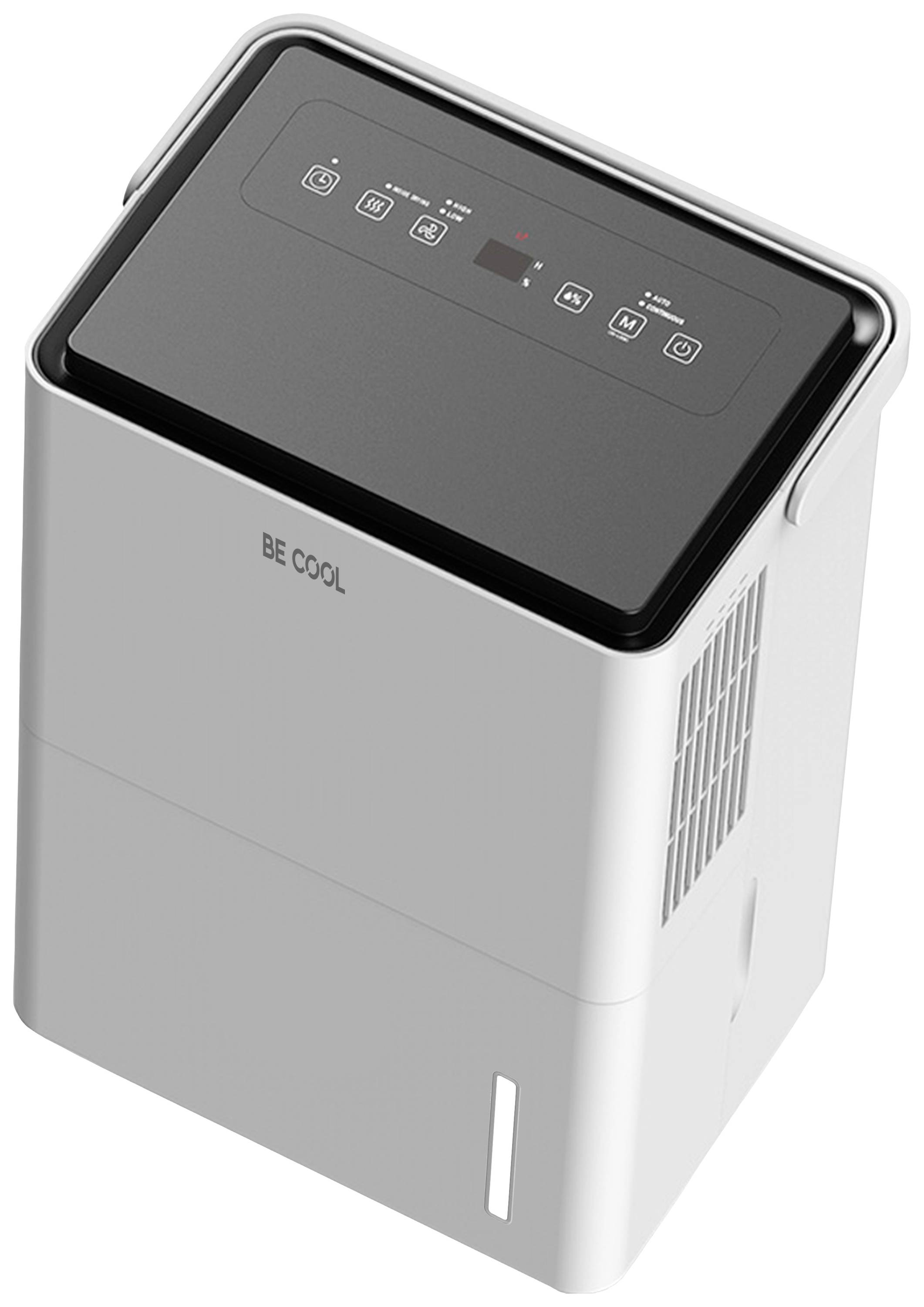 A white dehumidifier with a digital display shown on top, displaying 'BE COOL'. Control buttons are visible.